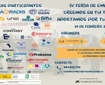 Cartel IV Feria de Empleo COCEMFE Sevilla 2026 Cartel de la IV Feria de Empleo de COCEMFE Sevilla con empresas participantes y datos de inscripción en La Rinconada.