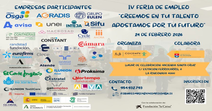 Cartel de la IV Feria de Empleo de COCEMFE Sevilla con empresas participantes y datos de inscripción en La Rinconada.