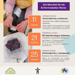 Cartel informativo del Día Mundial de las Enfermedades Raras con la programación de webinars y un evento solidario sobre esclerodermia durante el mes de febrero.