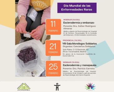 Cartel informativo del Día Mundial de las Enfermedades Raras con la programación de webinars y un evento solidario sobre esclerodermia durante el mes de febrero.