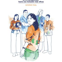 Ilustración de la portada del informe de COCEMFE sobre la evaluación participativa del nuevo baremo de la discapacidad, con una mujer en primer plano y profesionales del ámbito social y sanitario al fondo.