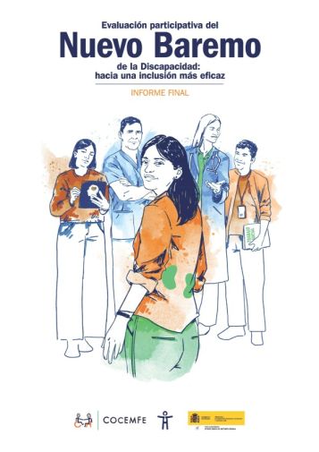 Ilustración de la portada del informe de COCEMFE sobre la evaluación participativa del nuevo baremo de la discapacidad, con una mujer en primer plano y profesionales del ámbito social y sanitario al fondo.
