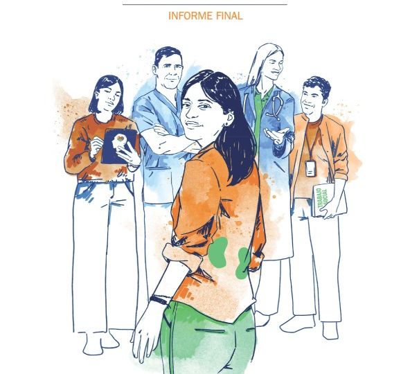 Ilustración de la portada del informe de COCEMFE sobre la evaluación participativa del nuevo baremo de la discapacidad, con una mujer en primer plano y profesionales del ámbito social y sanitario al fondo.