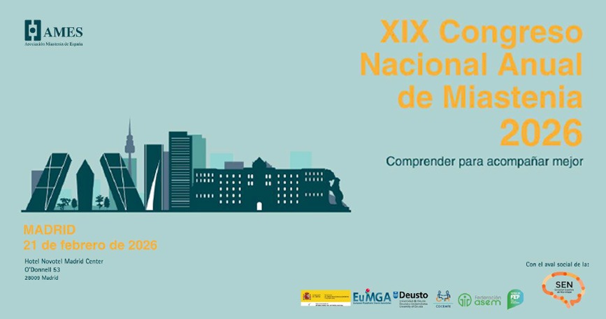 Cartel del XIX Congreso Nacional Anual de Miastenia 2026 organizado por AMES en Madrid, con información sobre fecha, lugar y lema del encuentro.
