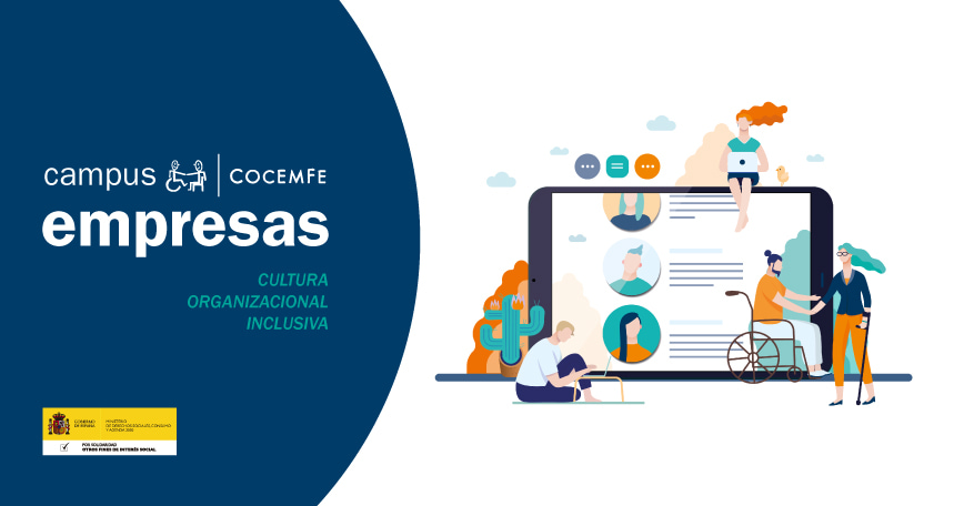 Ilustración del programa Campus COCEMFE Empresas con personas interactuando en una plataforma formativa que promueve la inclusión laboral de personas con discapacidad.