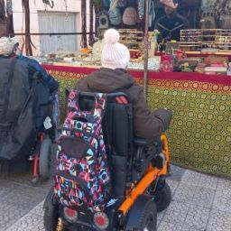 Dos personas en silla de ruedas interactúan en un puesto de mercado en Deusto, fomentando la inclusión comunitaria