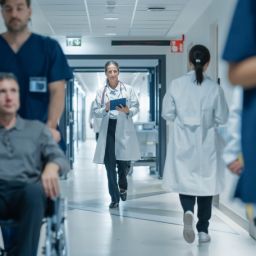 Paciente en silla de ruedas acompañado por profesionales sanitarios en un hospital, imagen que representa la atención sanitaria inclusiva y centrada en las personas.