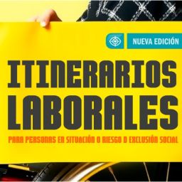 Persona usuaria de silla de ruedas sostiene cartel del Programa de Itinerarios Laborales de COCEMFE Alicante.