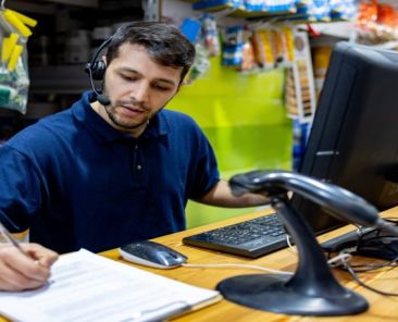 Trabajador atendiendo tareas de gestión y atención al cliente en el mostrador de una tienda.