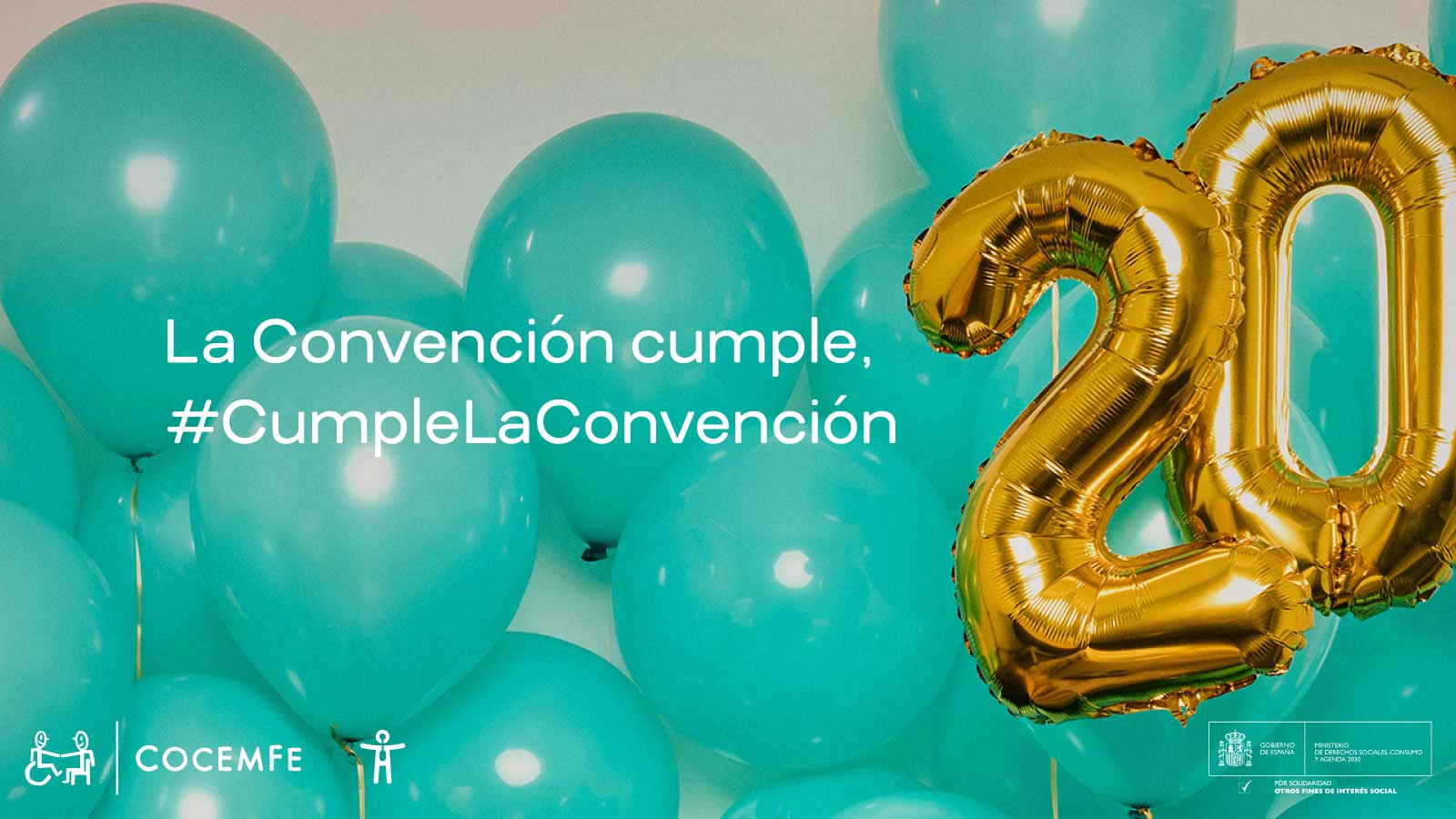 Globos turquesa con mensaje #CumpleLaConvencion, número 20 dorado y logos institucionales