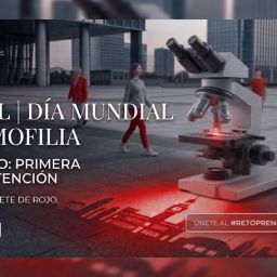 Microscopio iluminado en rojo y personas vestidas de rojo en una campaña sobre diagnóstico temprano de la hemofilia
