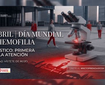 Microscopio iluminado en rojo y personas vestidas de rojo en una campaña sobre diagnóstico temprano de la hemofilia