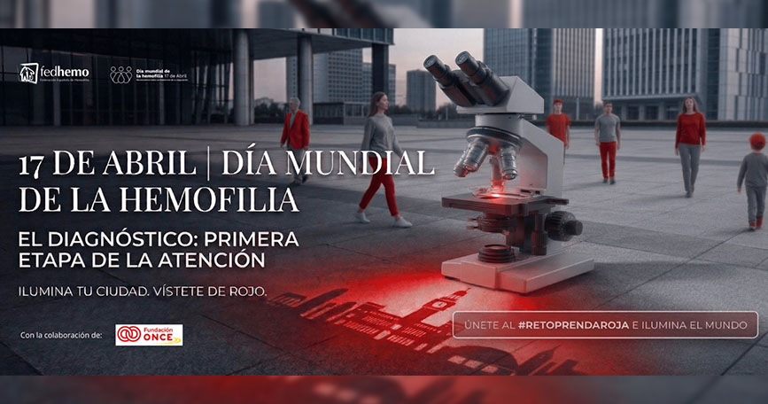 Microscopio iluminado en rojo y personas vestidas de rojo en una campaña sobre diagnóstico temprano de la hemofilia