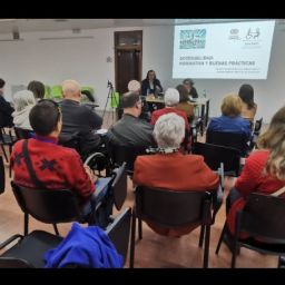 Charla sobre accesibilidad urbana de COCEMFE CV con asistentes en sala y presentación proyectada en Alcàsser