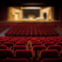 Sala de teatro con butacas rojas y escenario iluminado lista para una gala accesible