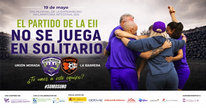 Personas formando un equipo en la campaña de ACCU España por el Día Mundial de la Enfermedad Inflamatoria Intestinal.