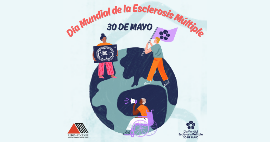 Ilustración del Día Mundial de la Esclerosis Múltiple con personas promoviendo sensibilización y apoyo a quienes conviven con la enfermedad.