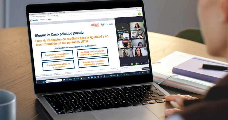 Persona siguiendo una formación online sobre diversidad LGTBIQA+ en COCEMFE a través de un ordenador portátil.