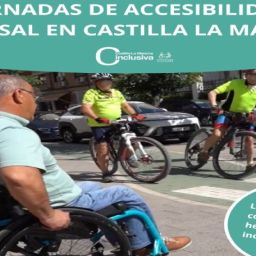 Cartel de unas jornadas sobre accesibilidad universal con una persona usuaria de silla de ruedas en un entorno urbano accesible.