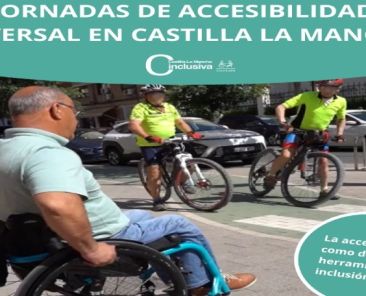 Jornadas de Accesibilidad Universal en Castilla-La Mancha 2026 Cartel de unas jornadas sobre accesibilidad universal con una persona usuaria de silla de ruedas en un entorno urbano accesible.