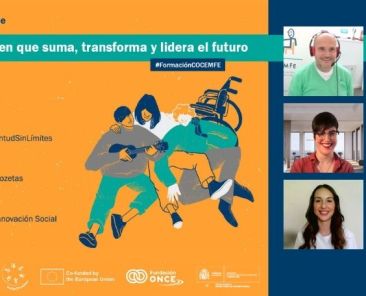 Cartel de la masterclass online «El talento joven que suma, transforma y lidera el futuro» junto a capturas de pantalla de las personas participantes durante la sesión virtual organizada por COCEMFE.