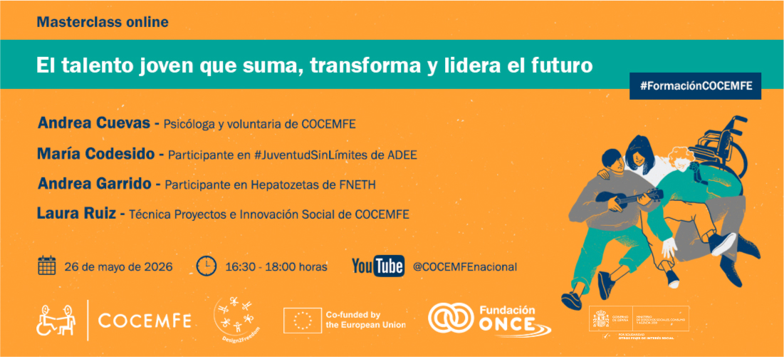 Cartel de COCEMFE anunciando una masterclass online sobre talento joven con discapacidad, liderazgo y participación juvenil.