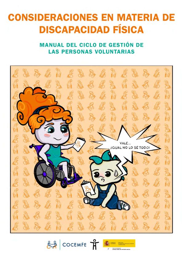 Portada ilustrada del Cómic: Consideraciones en materia de discapacidad física. Manual del ciclo de gestión de las personas voluntarias