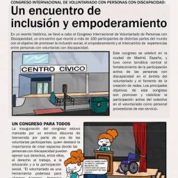 Cómic de COCEMFE para organizar eventos accesibles e inclusivos Portada ilustrada de un cómic de un congreso internacional sobre voluntariado inclusivo y participación de personas con discapacidad.