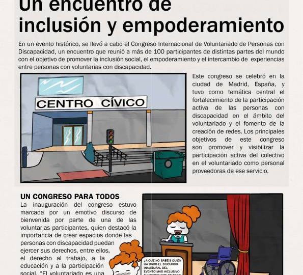 Portada ilustrada de un cómic de un congreso internacional sobre voluntariado inclusivo y participación de personas con discapacidad.