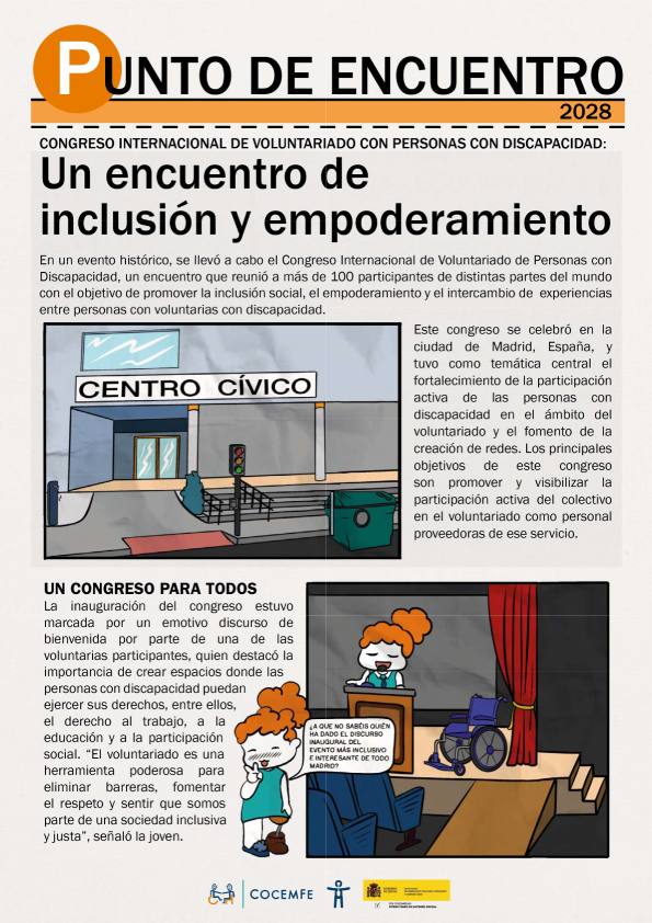 Portada ilustrada de un cómic de un congreso internacional sobre voluntariado inclusivo y participación de personas con discapacidad.