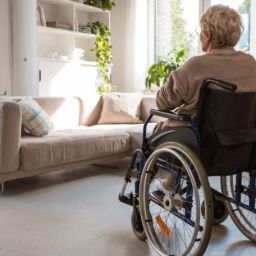 Persona mayor usuaria de silla de ruedas en su hogar, relacionada con la soledad no deseada.
