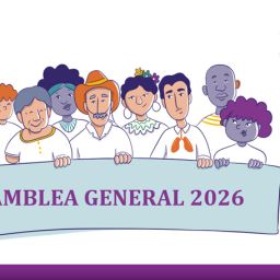 Ilustración de personas diversas sosteniendo una pancarta con el texto "Asamblea General 2026" junto al logotipo de La Red Iberoamericana.