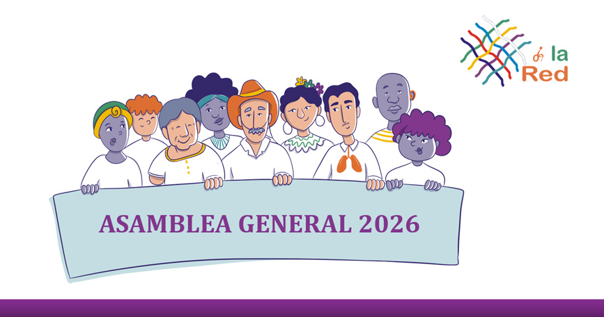 Ilustración de personas diversas sosteniendo una pancarta con el texto "Asamblea General 2026" junto al logotipo de La Red Iberoamericana.