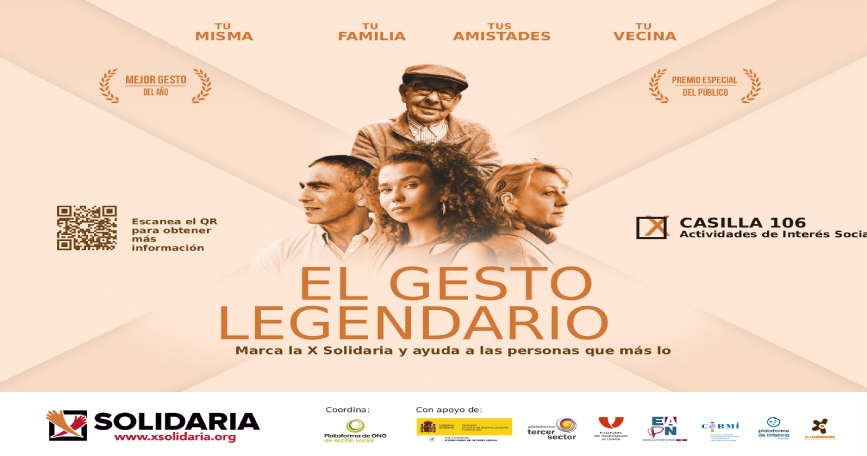 Cartel de la campaña X Solidaria con el lema El gesto legendario y la casilla 106 de Actividades de Interés Social.
