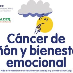 Cartel del Día Mundial del Cáncer de Riñón con el mensaje “Cáncer de riñón y bienestar emocional”, acompañado de una ilustración que representa el impacto emocional de la enfermedad.