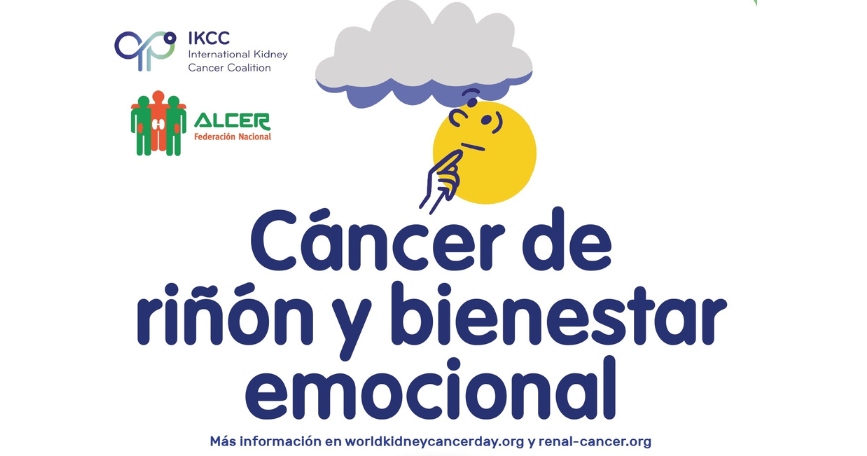Cartel del Día Mundial del Cáncer de Riñón con el mensaje “Cáncer de riñón y bienestar emocional”, acompañado de una ilustración que representa el impacto emocional de la enfermedad.