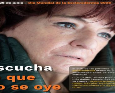 Cartel del Día Mundial de la Esclerodermia 2026 con una mujer en primer plano y el lema «Escucha lo que no se oye».