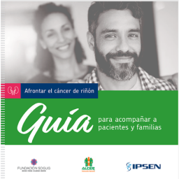 Guía para acompañar a personas con cáncer de riñón y familias Portada de una guía de ALCER para acompañar a personas con cáncer de riñón y a sus familias.