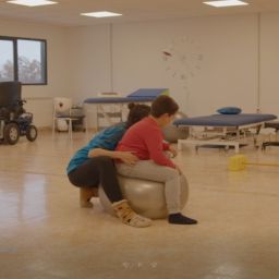 Profesional realiza una sesión de fisioterapia con un niño con discapacidad en una sala de rehabilitación equipada con material terapéutico y ayudas técnicas.