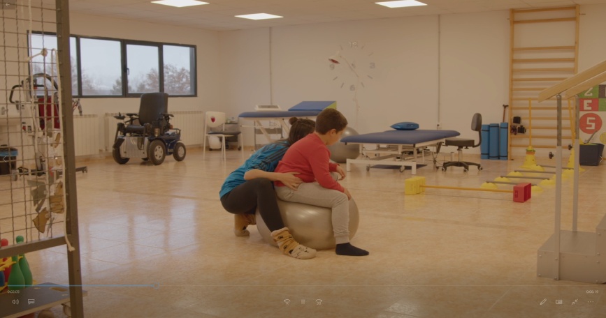 Profesional realiza una sesión de fisioterapia con un niño con discapacidad en una sala de rehabilitación equipada con material terapéutico y ayudas técnicas.