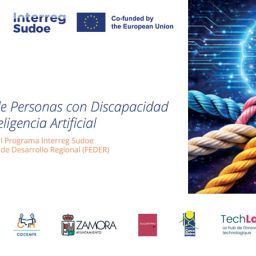 Cartel del proyecto europeo INCLUVIA con una ilustración de un cerebro digital y cuerdas entrelazadas que representan la inclusión social mediante Inteligencia Artificial.