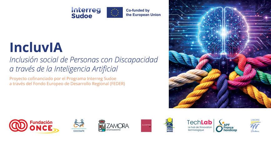 Cartel del proyecto europeo INCLUVIA con una ilustración de un cerebro digital y cuerdas entrelazadas que representan la inclusión social mediante Inteligencia Artificial.