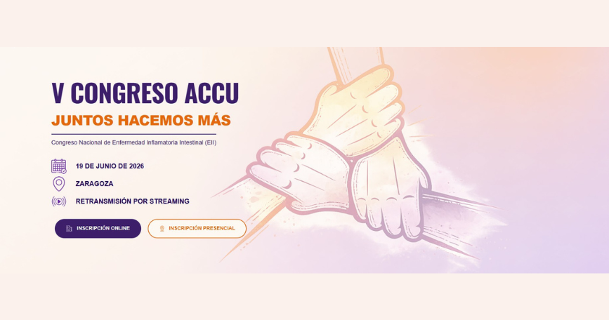 Cartel del V Congreso ACCU sobre Enfermedad Inflamatoria Intestinal que se celebrará en Zaragoza y podrá seguirse también por streaming.