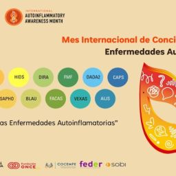 Cartel de la campaña Desenmascara las Enfermedades Autoinflamatorias 2026 Cartel de la campaña "Desenmascara las Enfermedades Autoinflamatorias 2026", con una máscara ilustrada y el nombre de distintas enfermedades autoinflamatorias para promover su conocimiento.