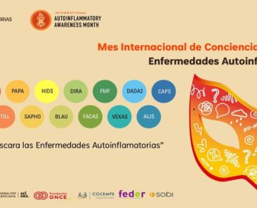 Cartel de la campaña Desenmascara las Enfermedades Autoinflamatorias 2026 Cartel de la campaña "Desenmascara las Enfermedades Autoinflamatorias 2026", con una máscara ilustrada y el nombre de distintas enfermedades autoinflamatorias para promover su conocimiento.