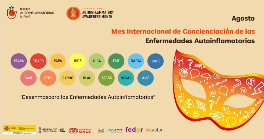 Cartel de la campaña "Desenmascara las Enfermedades Autoinflamatorias 2026", con una máscara ilustrada y el nombre de distintas enfermedades autoinflamatorias para promover su conocimiento.