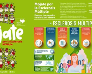 Cartel de la campaña Mójate por la Esclerosis Múltiple 2026 con información sobre la enfermedad y la jornada solidaria del 5 de julio.