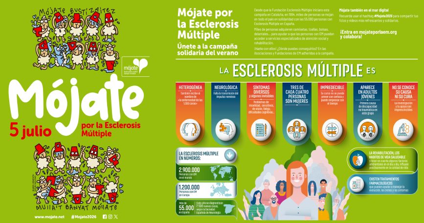 Cartel de la campaña Mójate por la Esclerosis Múltiple 2026 con información sobre la enfermedad y la jornada solidaria del 5 de julio.