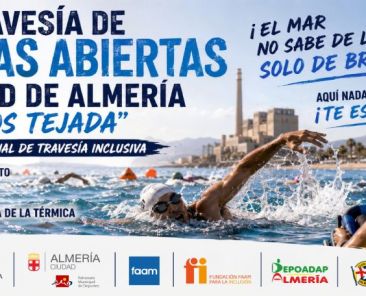 I Open Nacional de Travesía Inclusiva de Almería Cartel del I Open Nacional de Travesía Inclusiva de Almería con personas participando en una prueba de natación en aguas abiertas inclusiva.