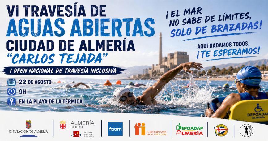 Cartel del I Open Nacional de Travesía Inclusiva de Almería con personas participando en una prueba de natación en aguas abiertas inclusiva.